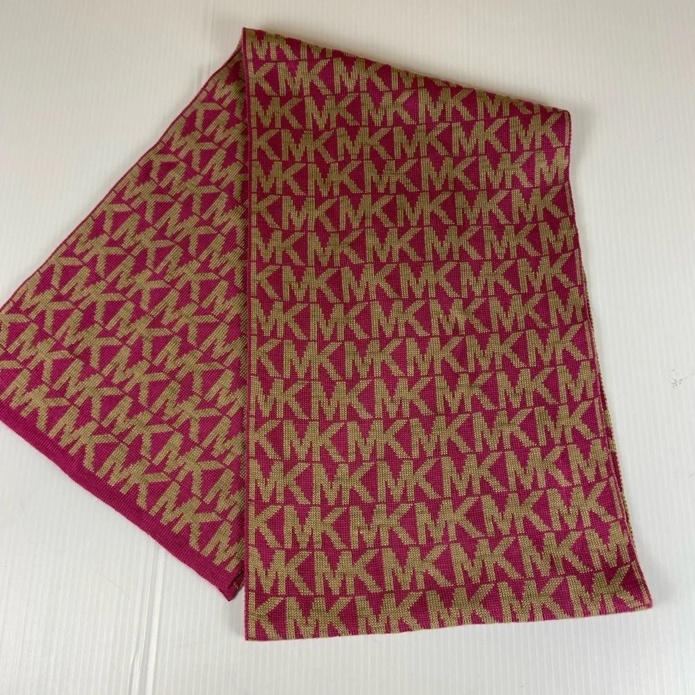 Michael Kors MK Logo Monogram Scarf Pink Tan Knit Designer Wrap